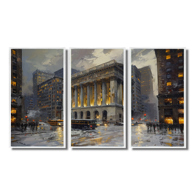 Ensemble de salon Beige Banks Architectural In New York Winter - Banks Wall Art, Cadre flottant blanc