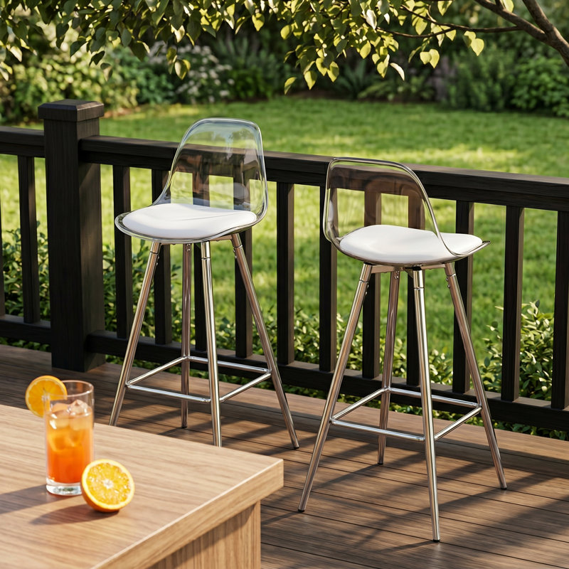 Modern Transparent Bar Stool with Upholstered Seat and Metal Legs, Silver
