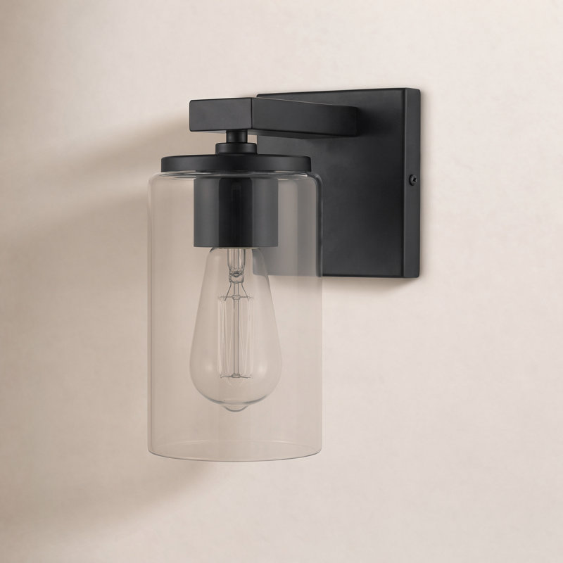 Luminaire pour meuble-lavabo de salle de bain 1 lumière avec abat-jour en verre transparent Meridian, applique murale moderne, étanche, noir