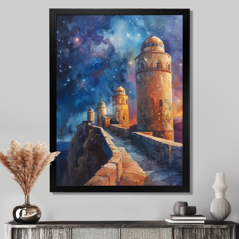 Bleu, jaune, étoile, sanctuaire, observatoire, art mural, Toile encadrée noire simple, H 12 po x l 20 po x P 1 po