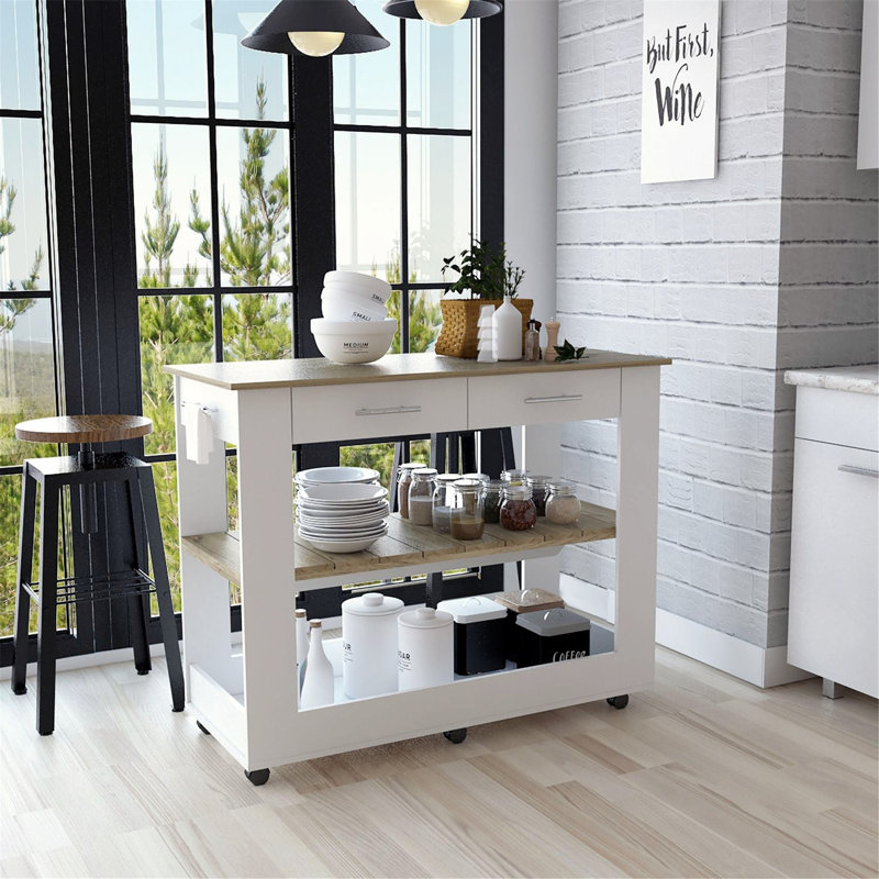 Versatile Kitchen Island with Abundant Storage and Mobility Options, White/Brown