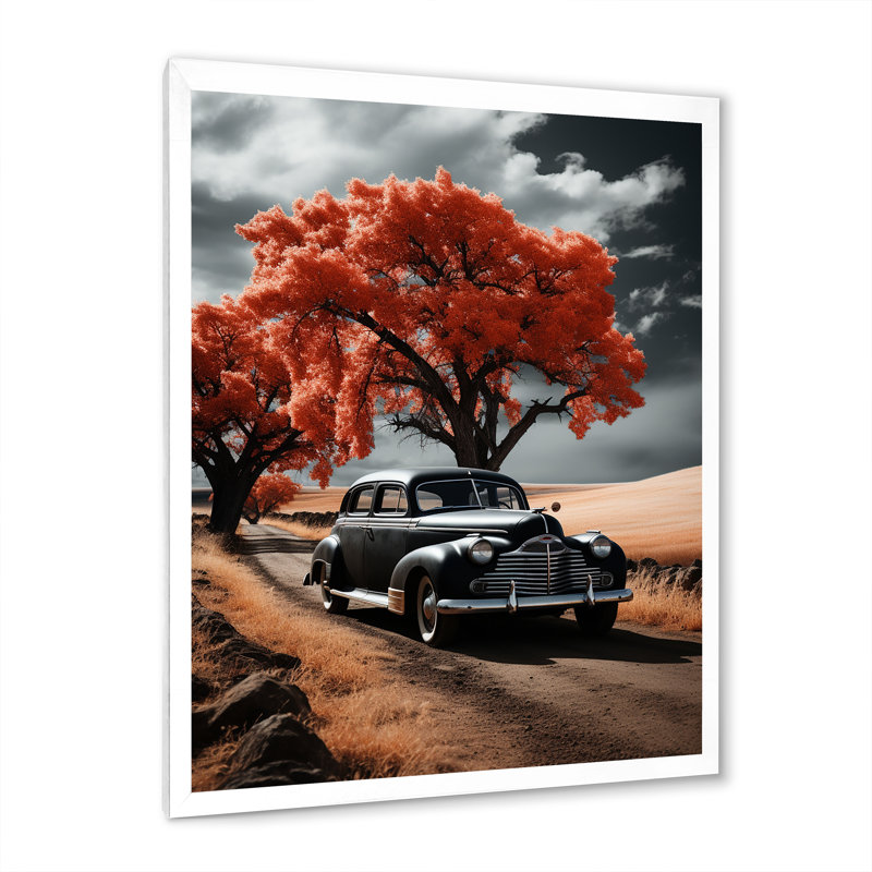 «Vintage Car Road», art mural sur toile floral, Cadre photo blanc, H 32 po x l 24 po x P 1 po