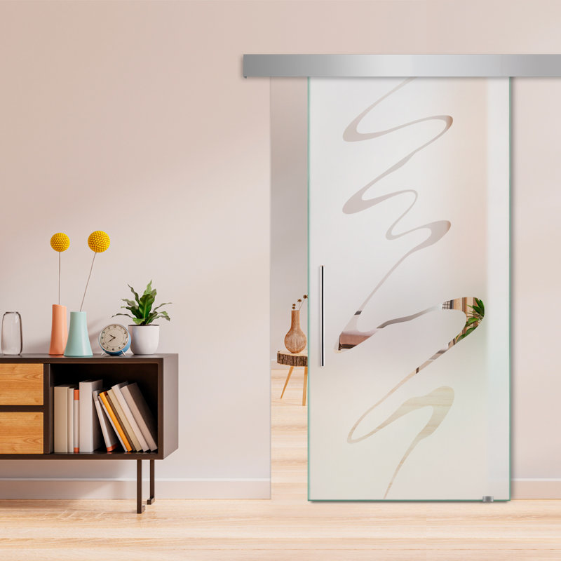 Porte de grange coulissante en verre sans cadre avec design moderne givré + ensemble de quincaillerie (semi-privée)