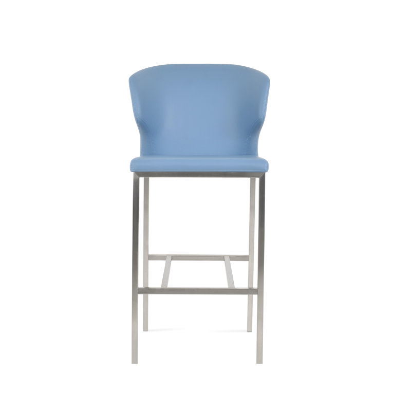 Amed Metal Counter & Bar Stool, Bar Stool (29" Seat Height), Blue Leatherette, Stainless Steel