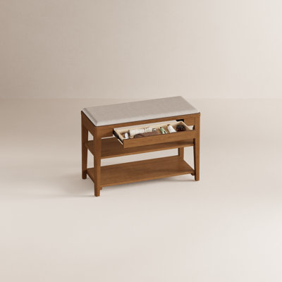 Banc de hall d'entrée en bois massif à 2 niveaux avec tiroirs et coussin rembourré Addisin Adryell