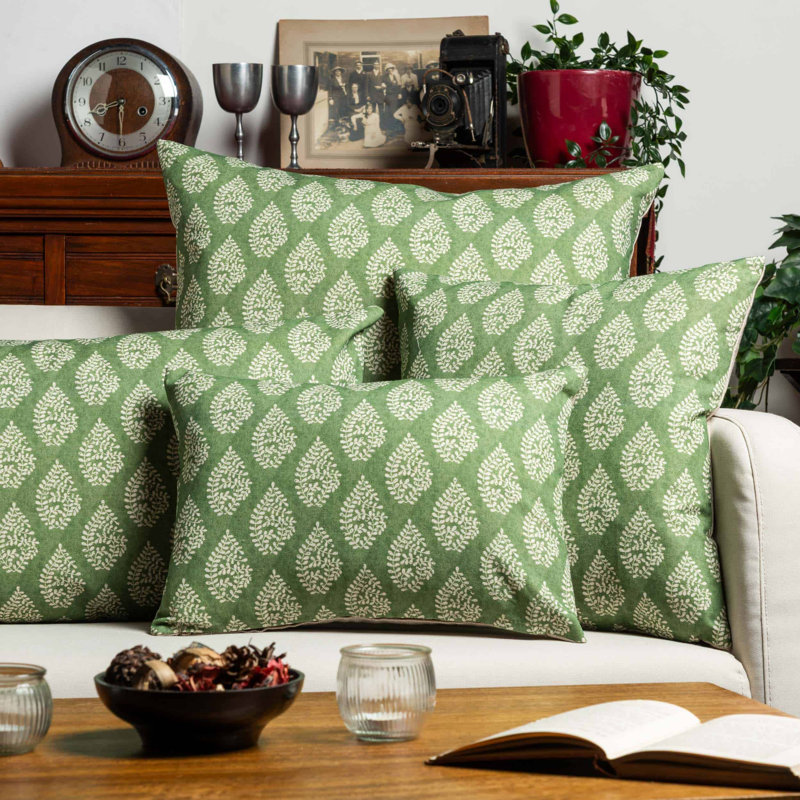 Striped and Floral Green Throw Cushion, 43x30cm, Feather filled