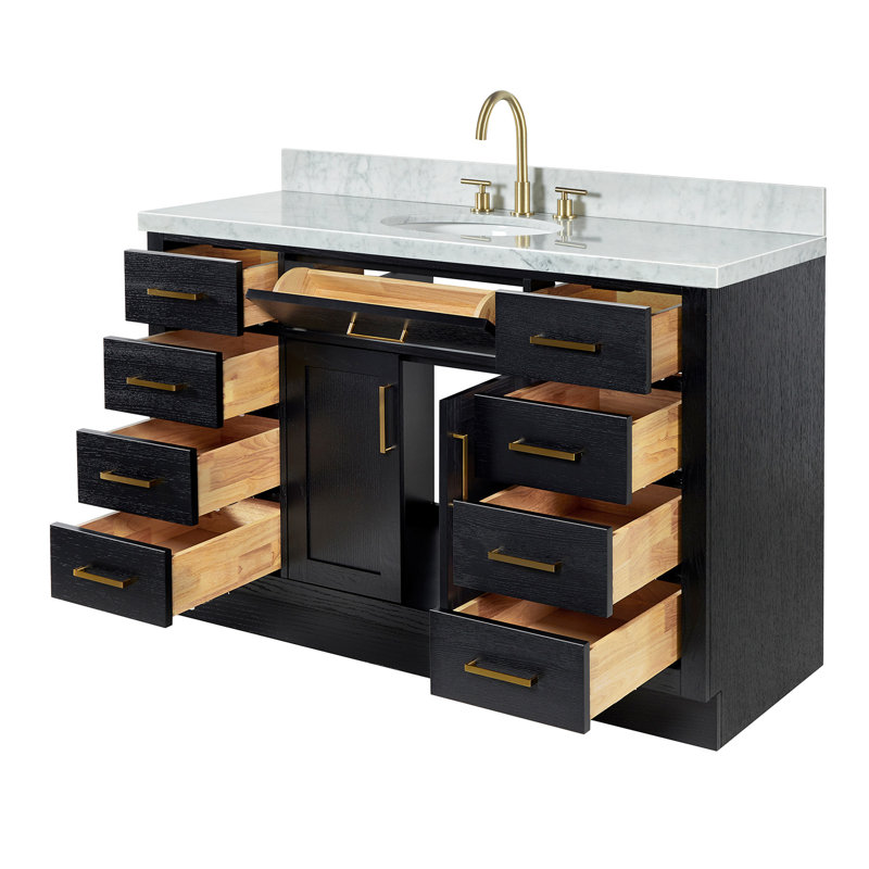 Thornaby 54'' Solid Wood Single Bathroom Vanity with 1.5'' Carrara Marble Top Sink, Oval, Black Oak / Satin Brass