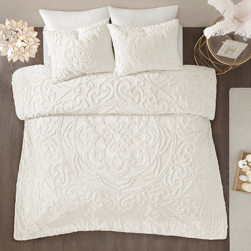 Literie 100% rembourrée - Médaillon en chenille de coton double / grand luxe, Édredon double / grand et 2 taies décoratives