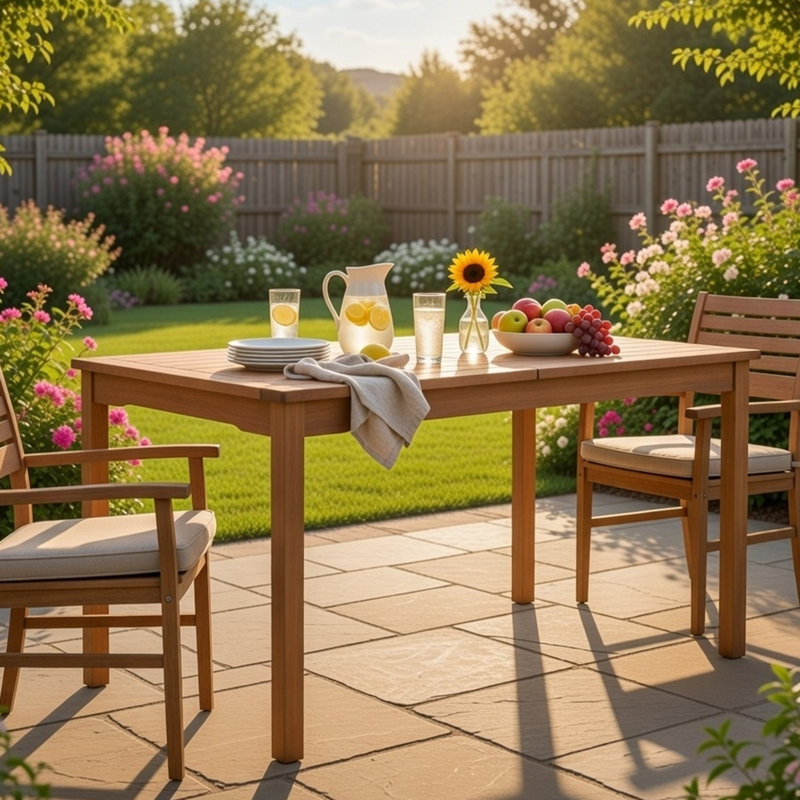 Table de salle à manger d'extérieur Ceri avec trou pour parasol, plateau de 59 pouces, brun rougeâtre, Brun naturel