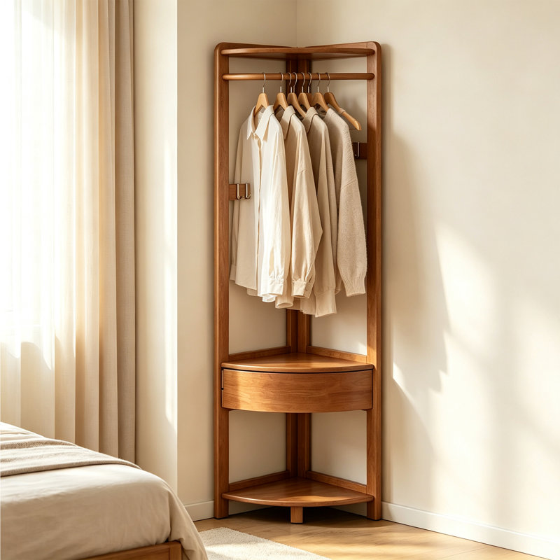 Portemanteau d'angle en bois d'hévéa avec tiroir de rangement