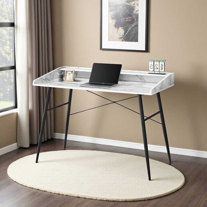 Elsa White Finish Computer Desk With Hutch & Black Metal Leg, 33.8" H X 46.96" W X 23.55" D