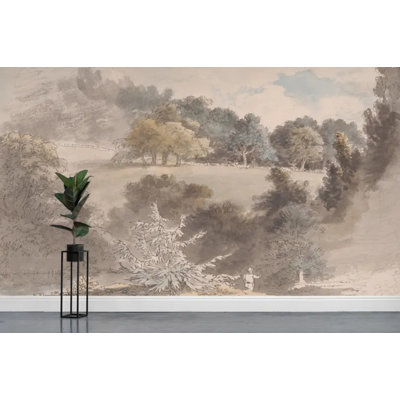 Soft Watercolor Meadow Autumn Trees Wall Mural for Home Decor