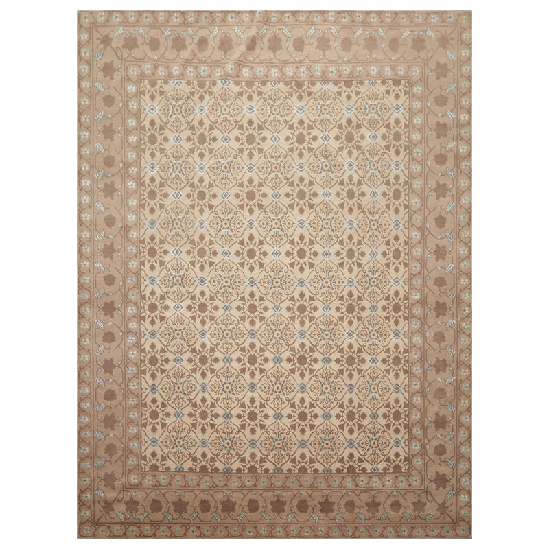 Tapis transitionnel en laine et en soie noué à la main 8 x 10 de couleur brun beige