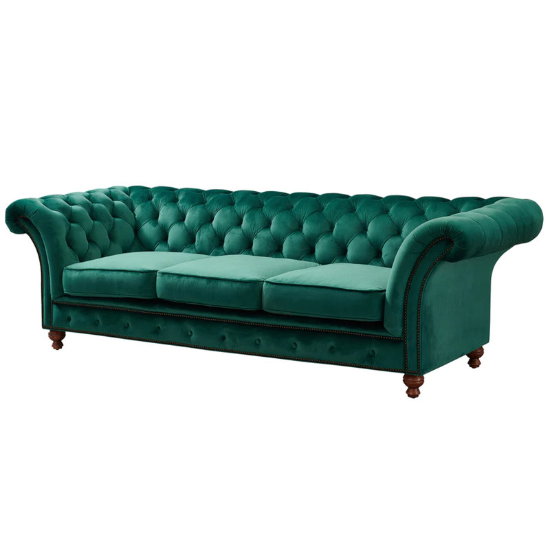Jarique 98" Velvet Rolled Arm Chesterfield Sofa, Green Velvet