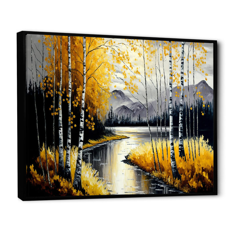 Bouleaux gris et jaunes au bord du lac II - arbre, art mural, H 34 po x l 44 po x P 1,5 po, Toile avec cadre flottant noir