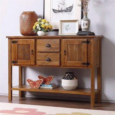 48" Solid Wood Buffet Console Table, With 2 Drawers And Cabinets And Bottom Shelf, Retro Style Storage Dining Server For Living Room Kitchen Dining Room