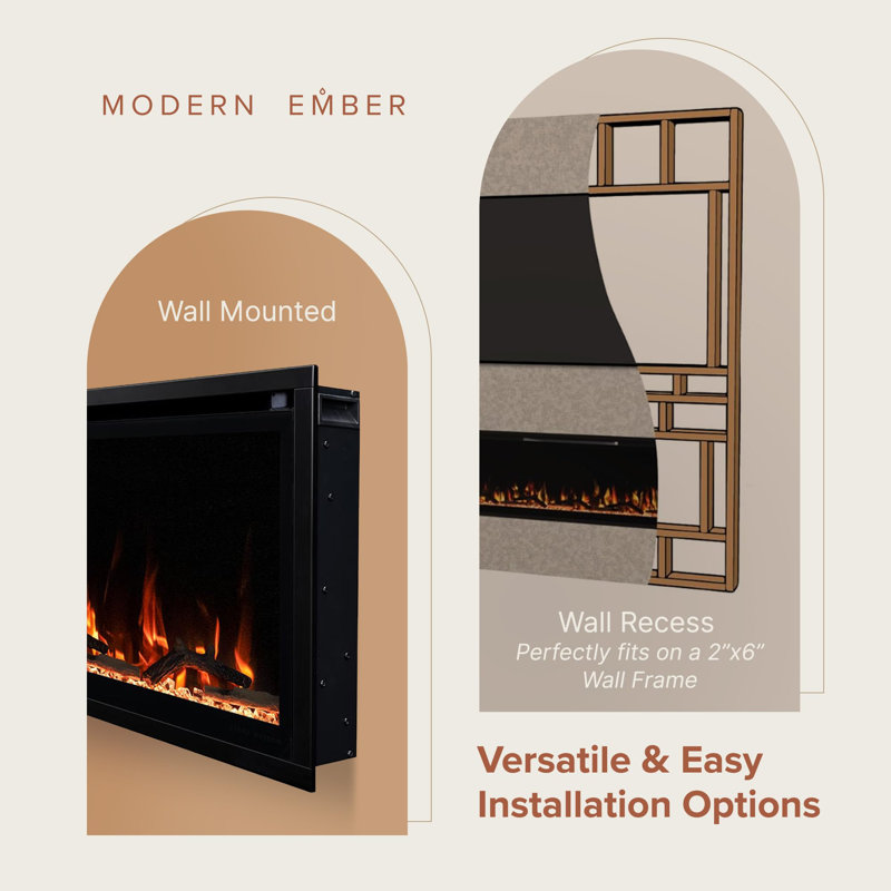 Modern Ember Aerus Smart Linear Electric Fireplace - Recessed In-Wall And Wall-Mount, Multiple Flame Colors, Works With Alexa And Google Assistant