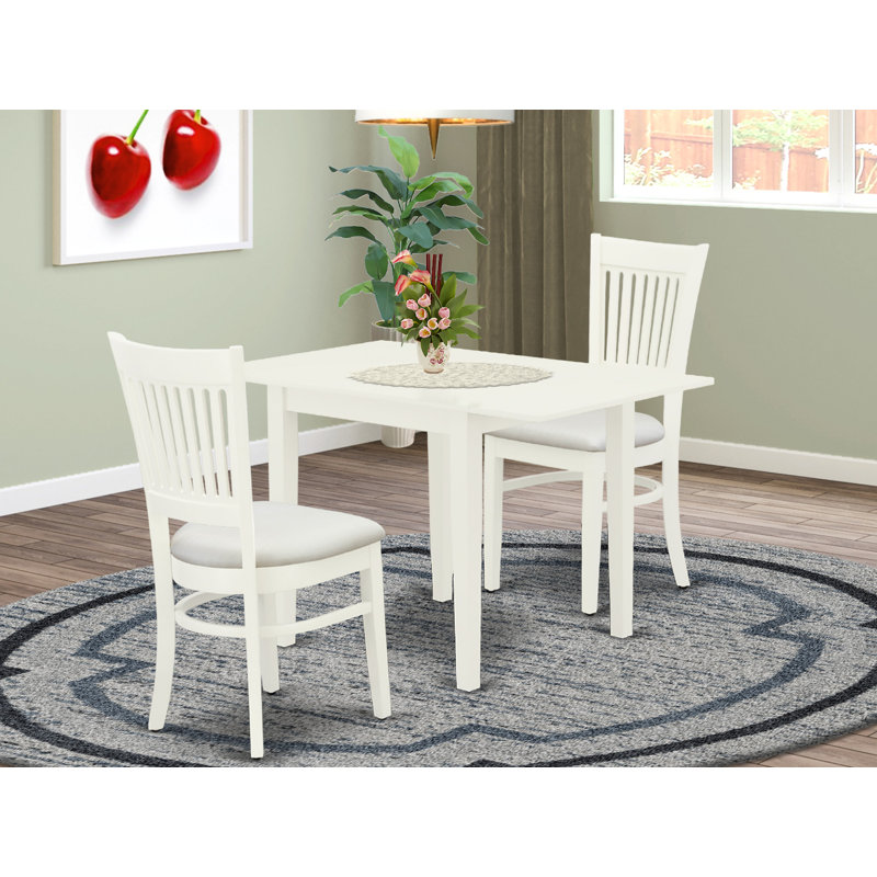 3 Piece Kitchen Table & Chairs Set Contains a Rectangle Dining Room Table with Dropleaf and 2 Linen Fabric Upholstered Chairs, Linen White