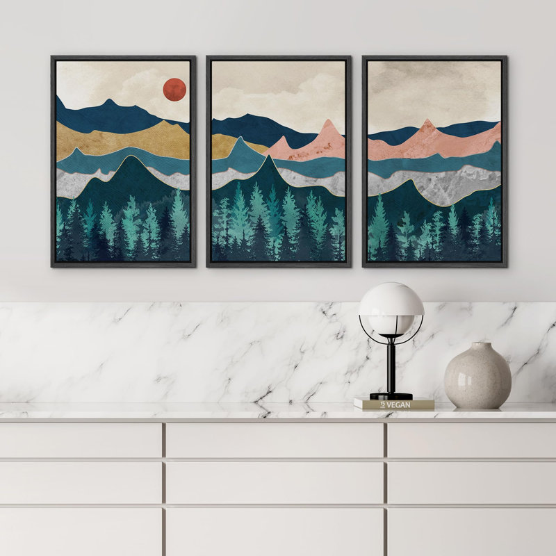 " Mountain Landscape Abstract Scenic Illustration Modern Art Decor Zen " 3 - Pieces, Noir, H 24 po x l 16 po x P 1,5 po