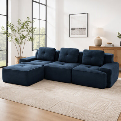 Canapé modulaire en forme de L de 117 pouces avec tissu en velours côtelé, siège profond, repose-pieds mobile et conception élégante capitonnée pour un confort accru