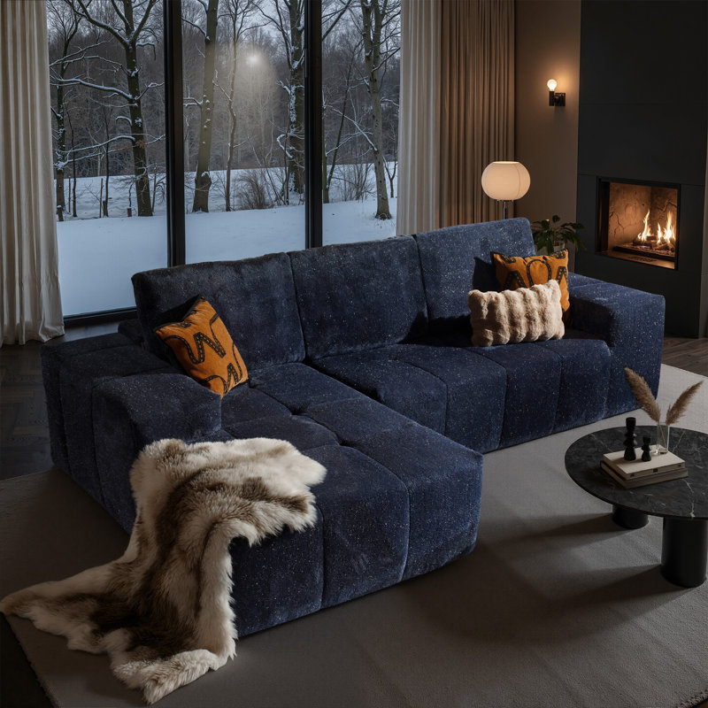 Alcala Boneless L-Shaped Plush Upholstered Comfy Cloud Sectional Sofa, Blue Polyester