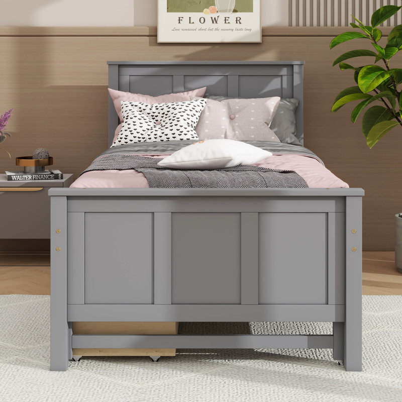 Structure de lit plateforme robuste en bois avec lit gigogne et tiroirs, Gris