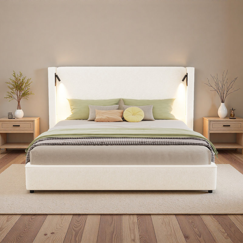 Base de lit rembourrée avec tête de lit haute à oreilles, lampe de lecture et port USB