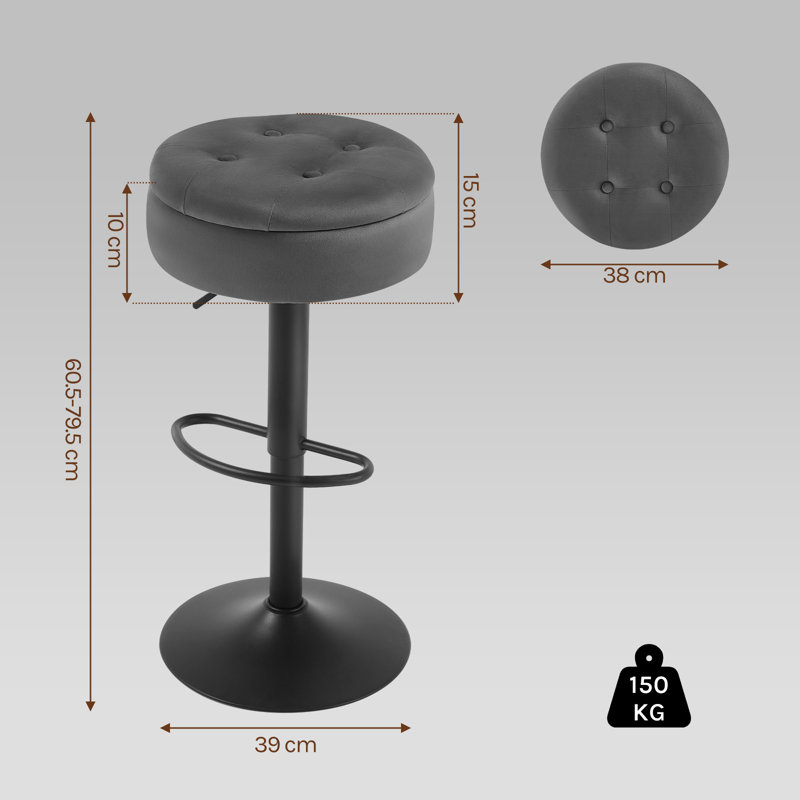 Swivel Upholstered Adjustable Height Counter Stool with Metal Frame, Dark Grey