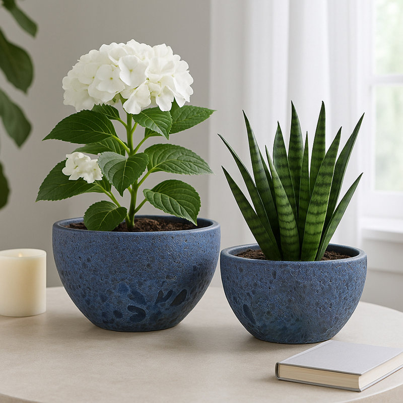 Aedin Planters Pottery Clay Modern Textured Round Design Decorative Bowl Style Set Of 2, Blue