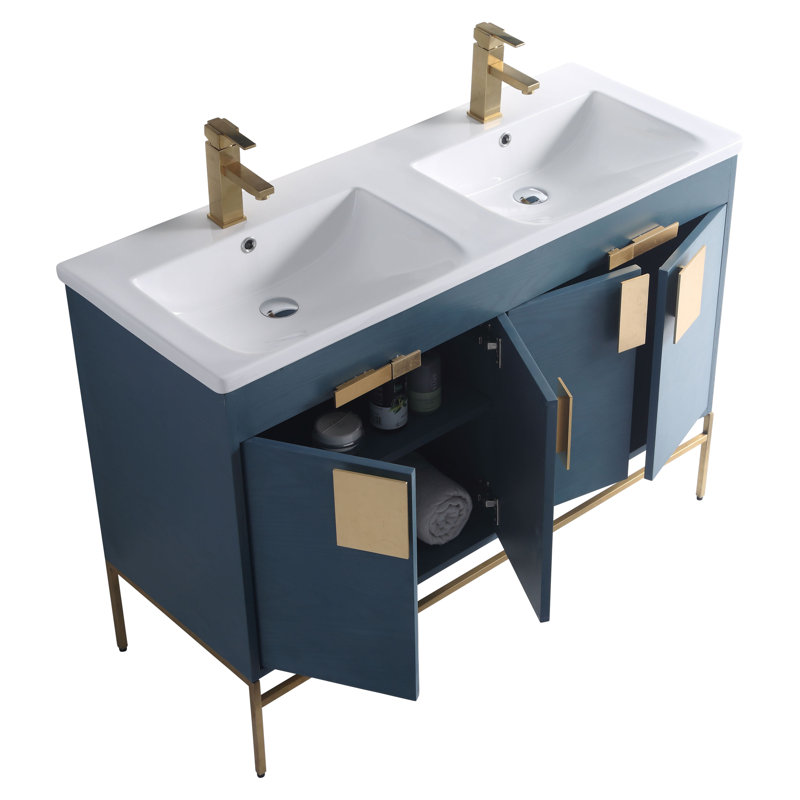 Tortola 47.24'' Double Bathroom Vanity with Ceramic Top, Satin Brass, French Blue
