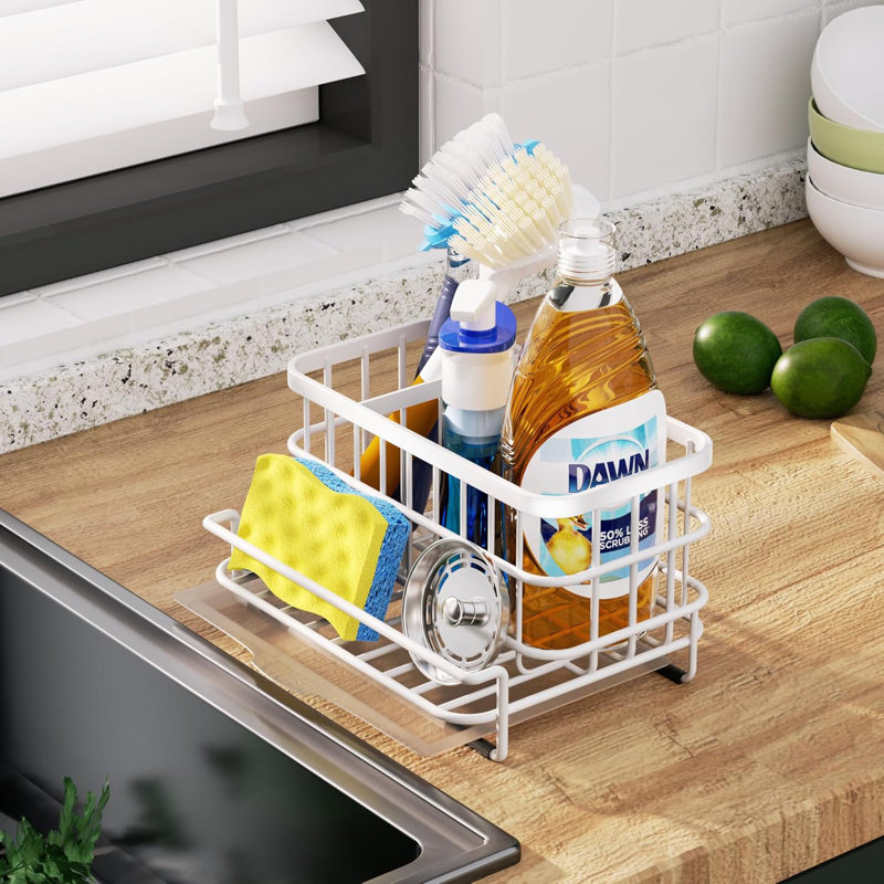 Stainless Steel Sink Caddy Organizer With Pull-Out Drain Tray, Rustproof Sponge Holder For Kitchen Countertop, 3-Compartment Design For Efficient Storage