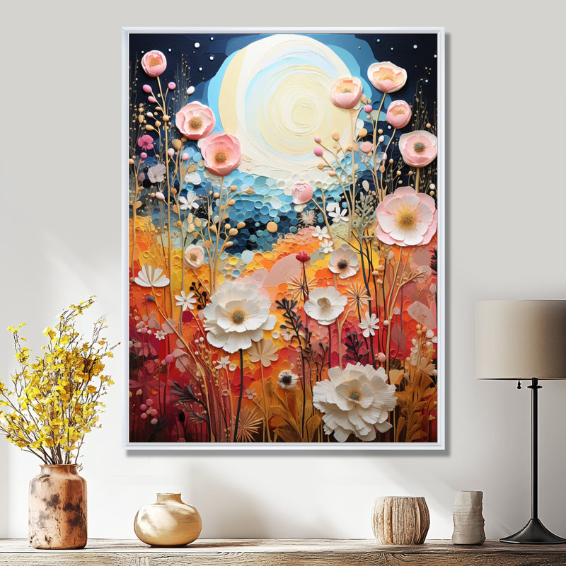 Décoration florale de pleine lune, «Blossoming Spring Flowers», H 32 po x l 16 po x P 1 po, Toile avec cadre flottant blanc