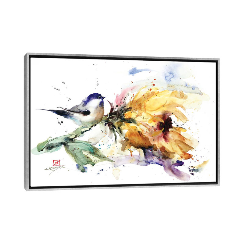 Mésange et tournesol par Dean Crouser, reproduction d’art, H 18 po x l 26 po x P 1,5 po, Pas de tapis, Encadrement argenté