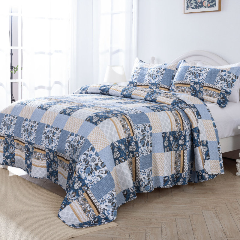 HoneiLife King Size Blended Fabric New‑Fashion Blue Quilt Bedding Set, Quilted Bedspread with Pillow Shams, King