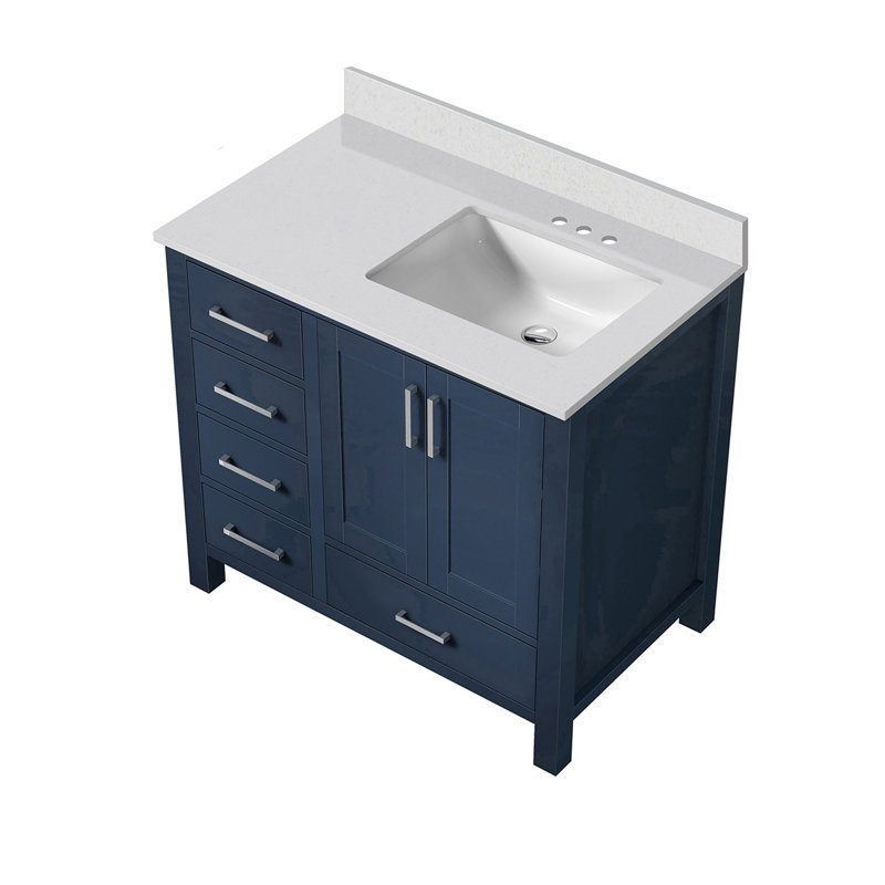 Bath Vanity with Right Offset and White Quartz Top, Navy Blue