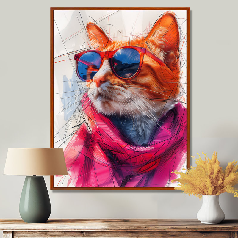 Chat curieux rose avec lunettes de soleil, H 34 po x l 44 po x P 1,5 po, Cadre flottant brun