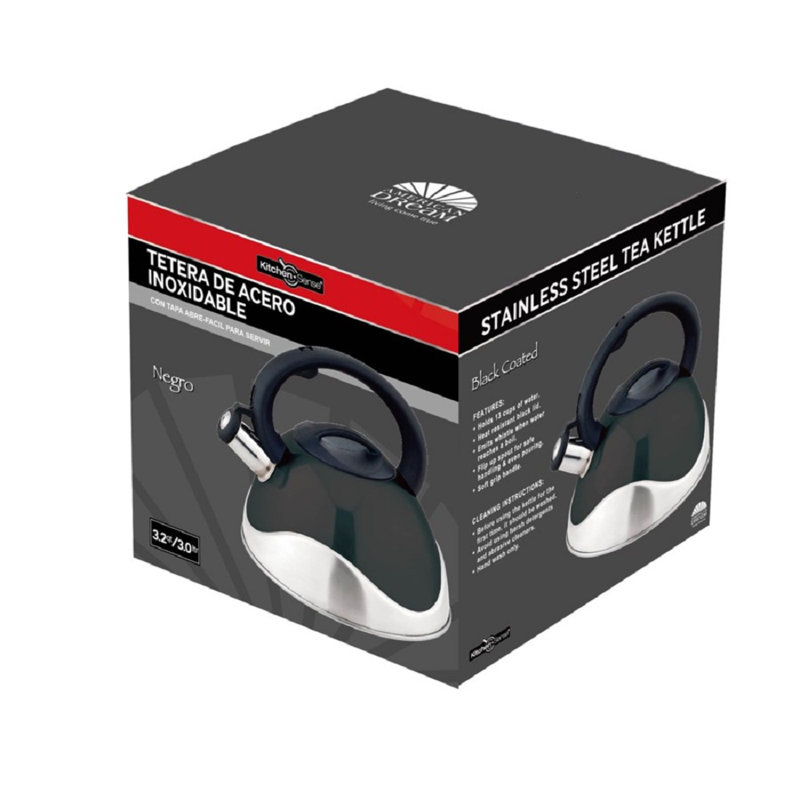 Bouilloire à sifflet en acier inoxydable, 3 pintes, Noir
