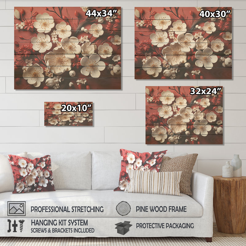 Orchidées blanches et rouges III - Floral abstrait sur bois, H 34 po x l 44 po