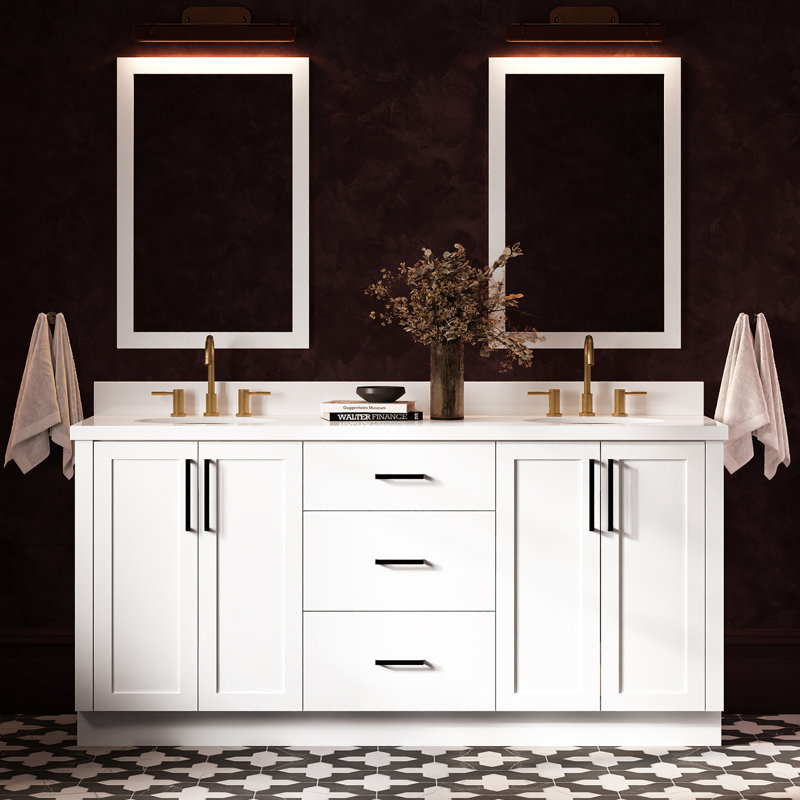 Meuble-lavabo ovale double de 73 pouces avec comptoir en quartz blanc pur de 1,5 pouce d'épaisseur., Ovale, White
