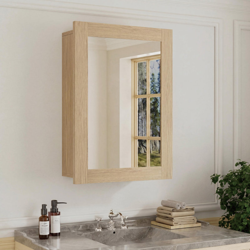 24'' W x 30'' H  Wood Framed Bathroom Medicine Cabinet with Mirror, Adjustable Shelves, Reversible Door, Wall-Mount or Recessed, Oak, Fully Assembled