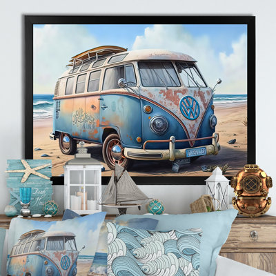 70S Surfing Van at the Beach III - Peinture sur toile