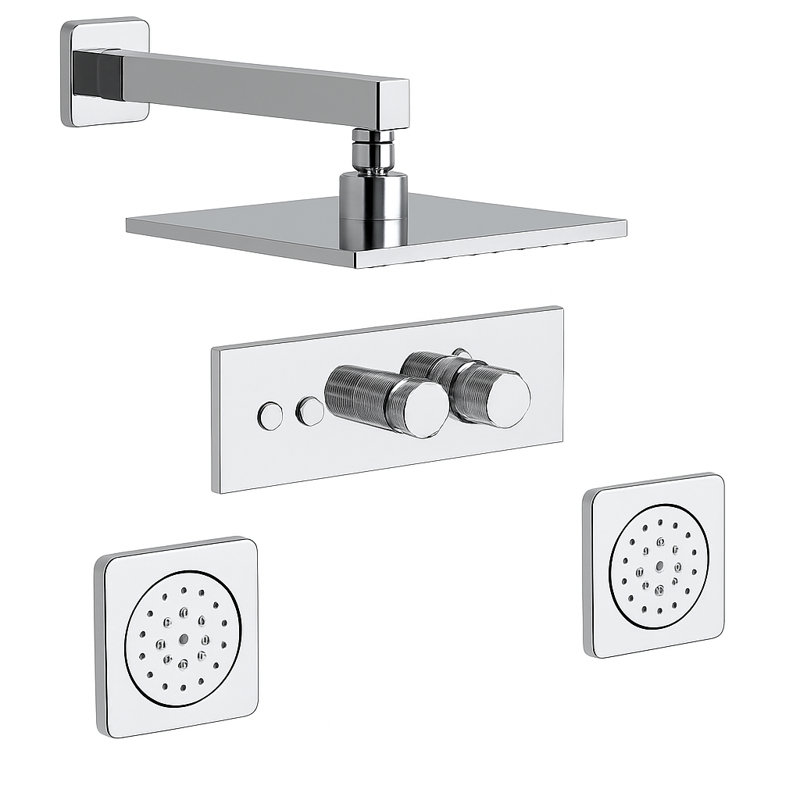 LineaBox Horizontal Square Shower System with 2-Way Diverter, 8-Inch Rain Shower Head and Two Body Sprays, Valve Included