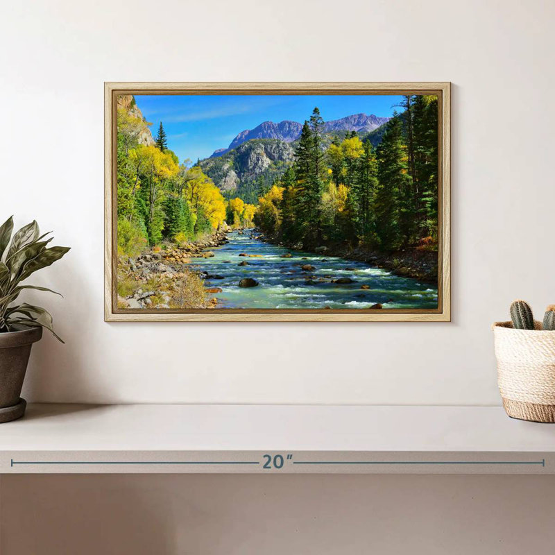 Montagne avec rivière, Cadre flottant en bois naturel, 13 po x 9 po