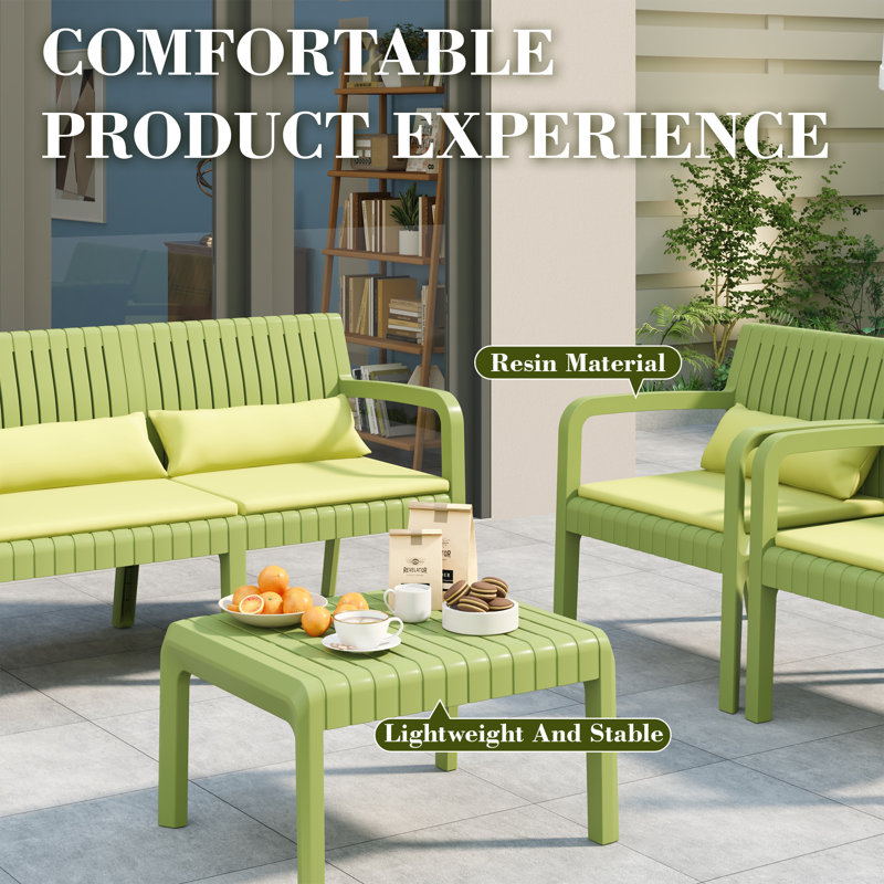 Ensemble de conversation d'extérieur 4 personnes avec coussins et table basse, Vert