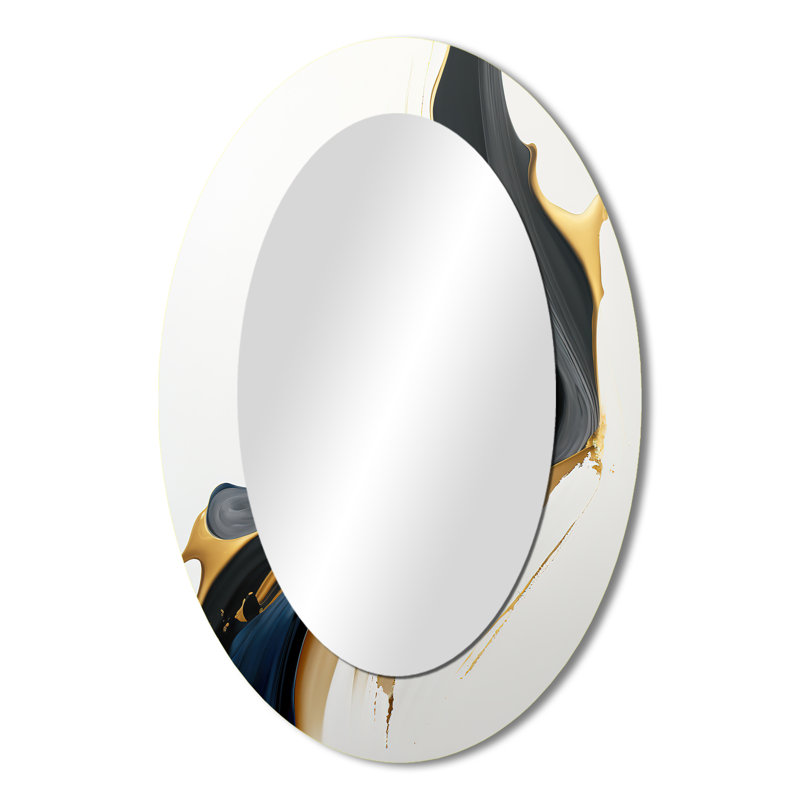 Black, White And Gold Liquid Art II - Abstract Oval Decorative Mirror On Metal, 36" x 24"