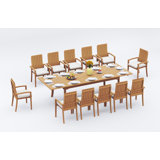 10 Seats 11 Pcs Grade-A Teak Wood Dining Set: 118" Double Extension Rectangle Table And 10 Goa Stackng Arm Chairs #11GO2410