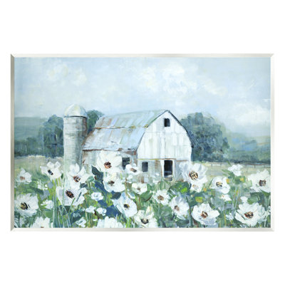 " Rural Anemone Flower Meadow White Farmland Barn " by Sally Swatland Painting Print