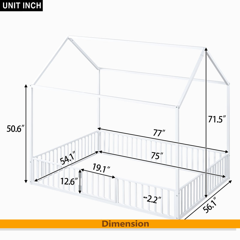 Metal House Bed With Fence And Door, White,  Full