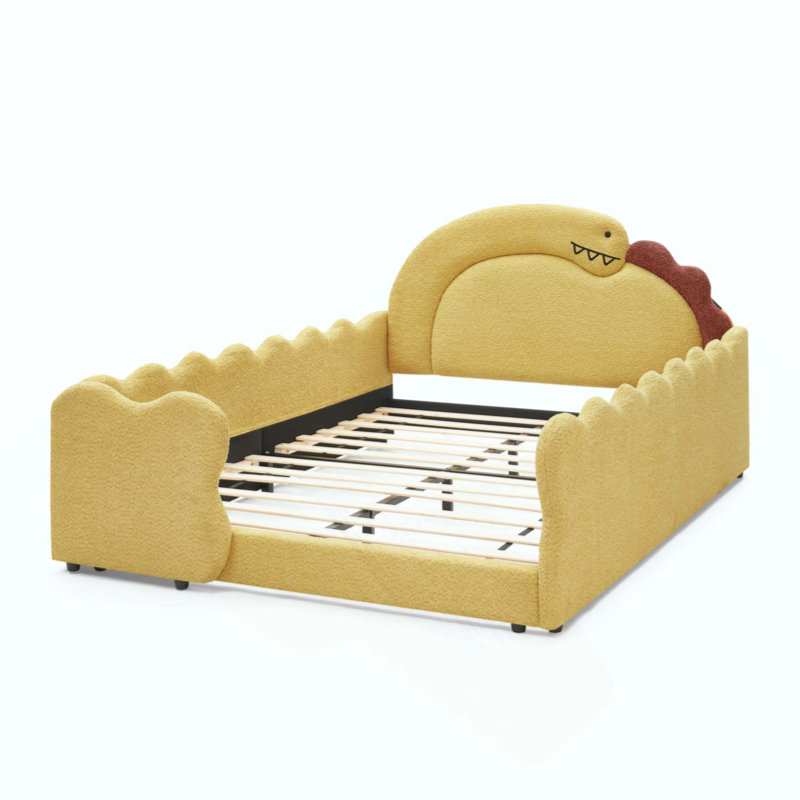 Lit mignon en forme de dinosaure avec barrière de sécurité, cadre de lit en bois massif pour chambre à coucher, tissu bouclé