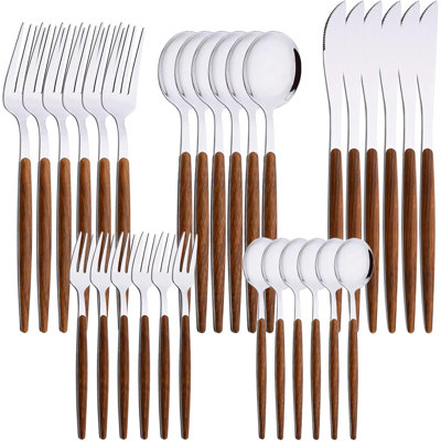 30-Piece Stainless Steel Flatware Set, Mirror Polished Cutlery With Wooden Effect Handles
